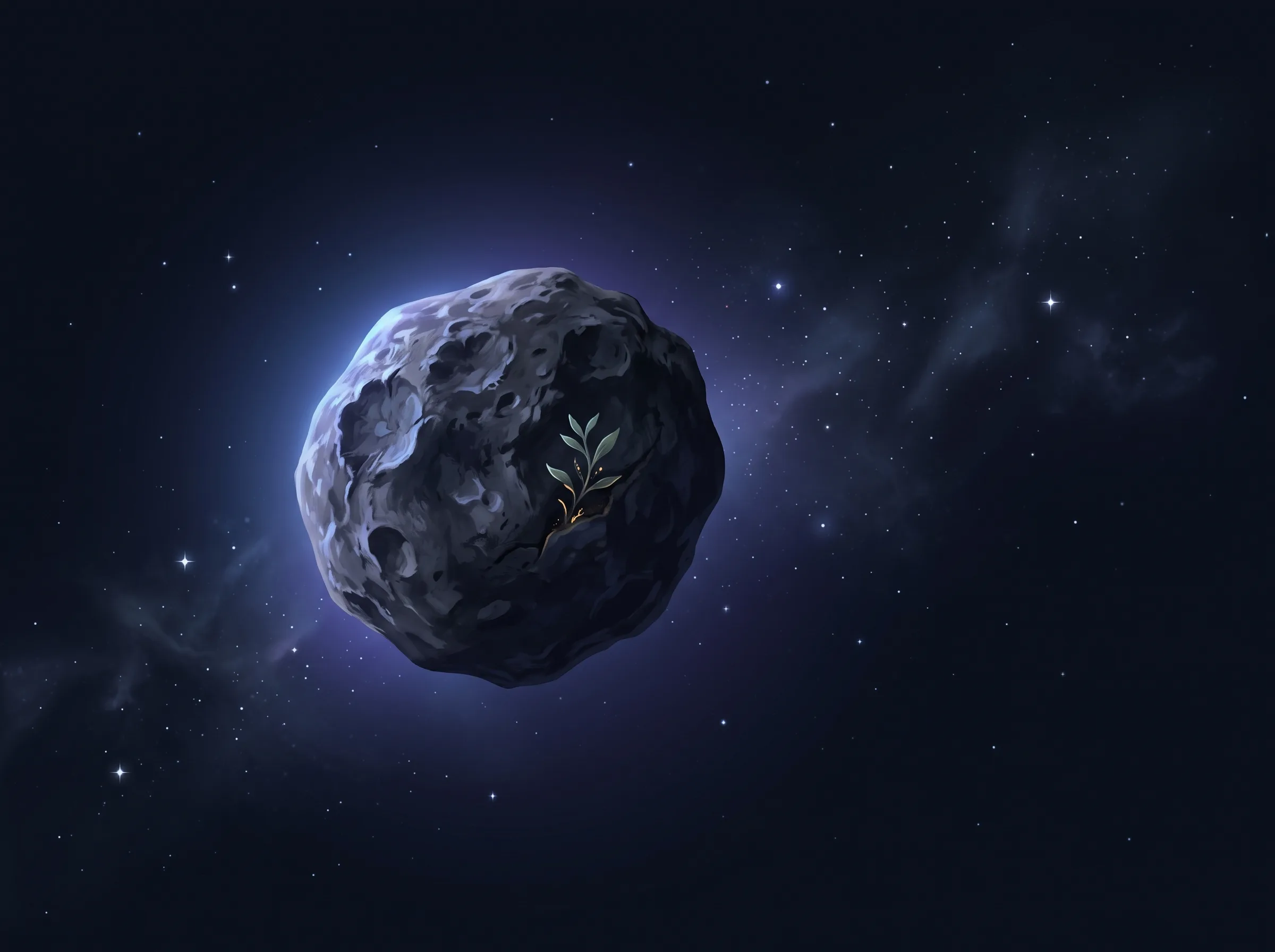 A small asteroid in a calm orbital field with a subtle symbol of nourishment.