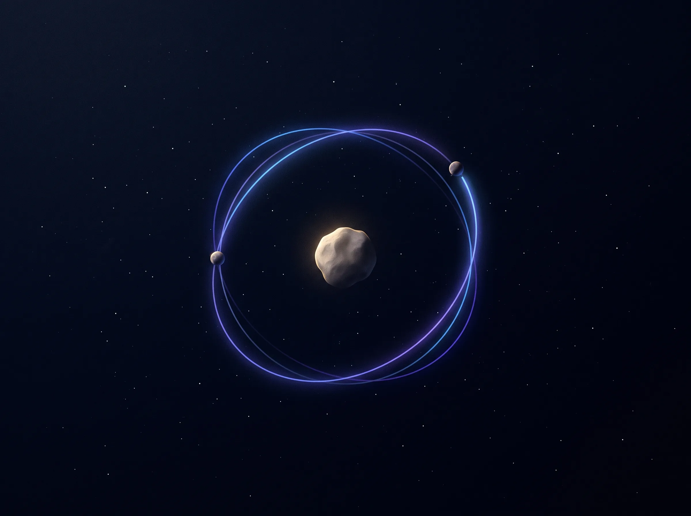 Two small celestial bodies in a balanced orbit around an asteroid.