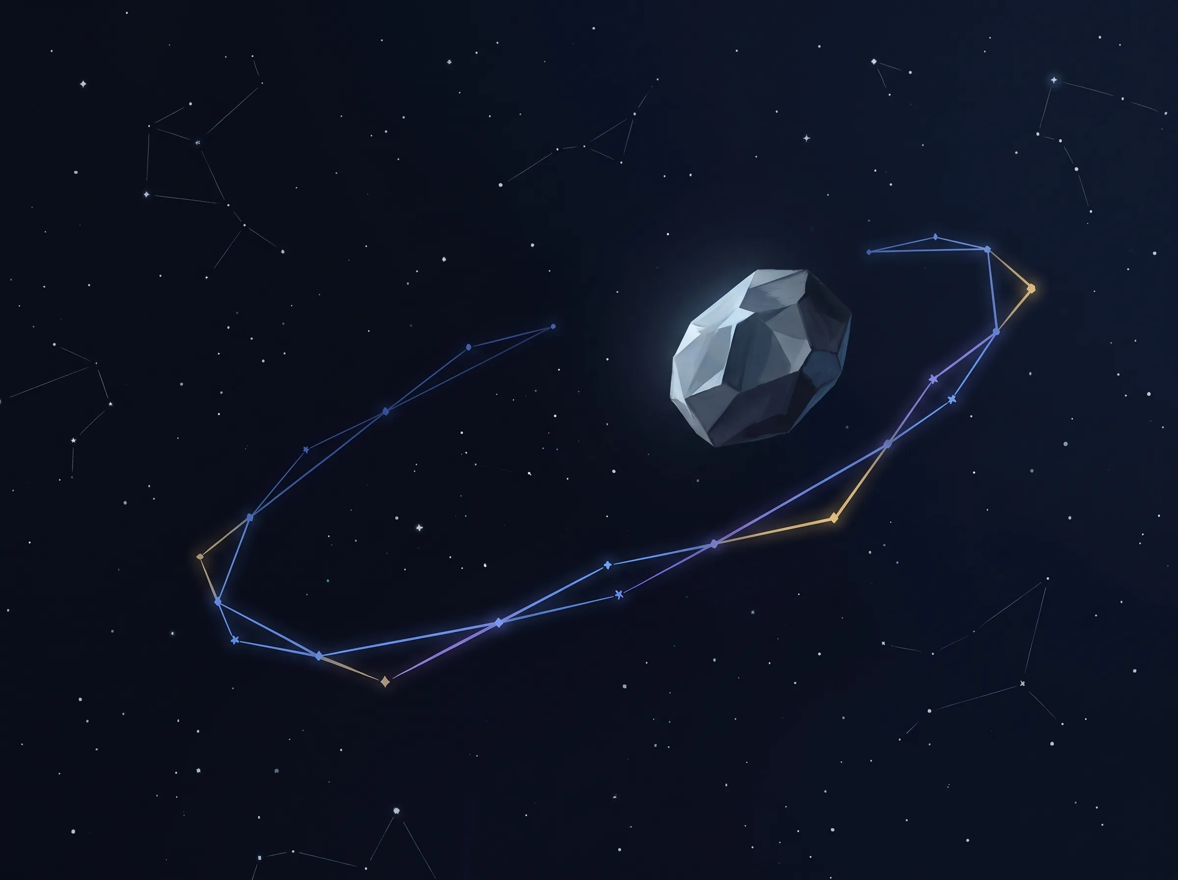 A faceted asteroid with a clear geometric constellation pattern representing strategy.