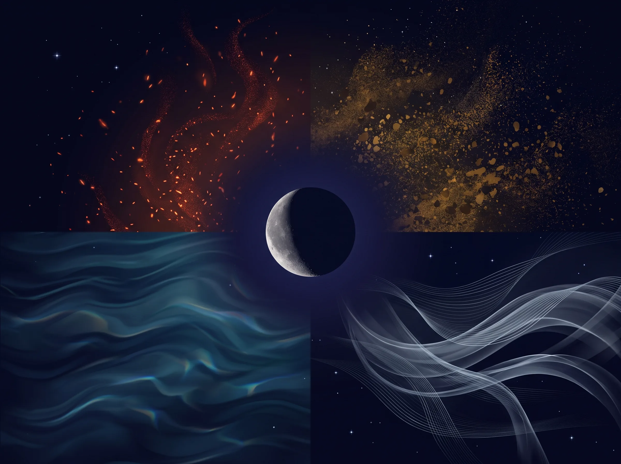 Crescent Moon surrounded by four subtle elemental atmospheres representing fire, earth, air, and water moon styles.
