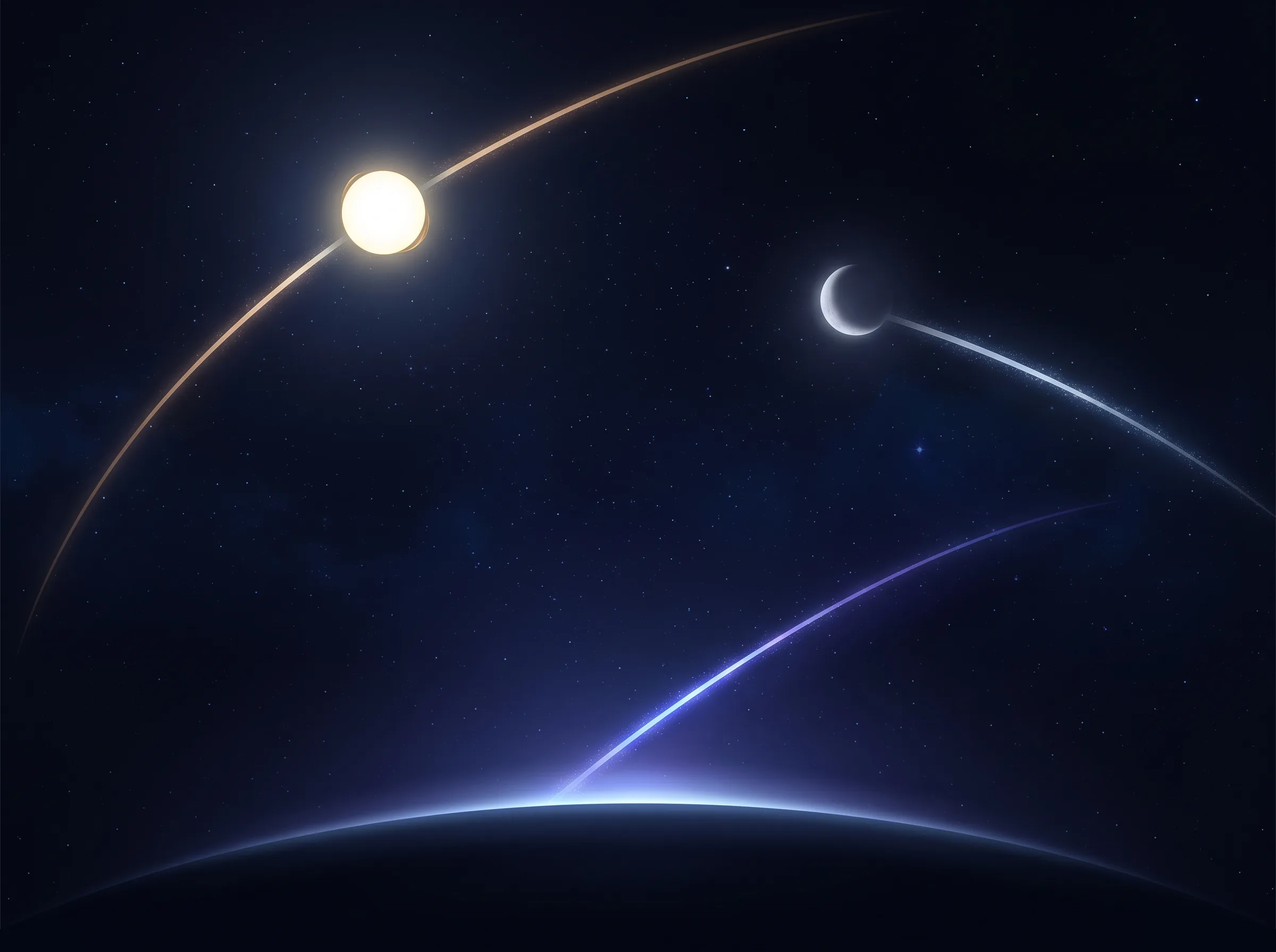 Sun, Moon, and horizon glow on separate paths illustrating moon sign versus sun sign and rising sign.