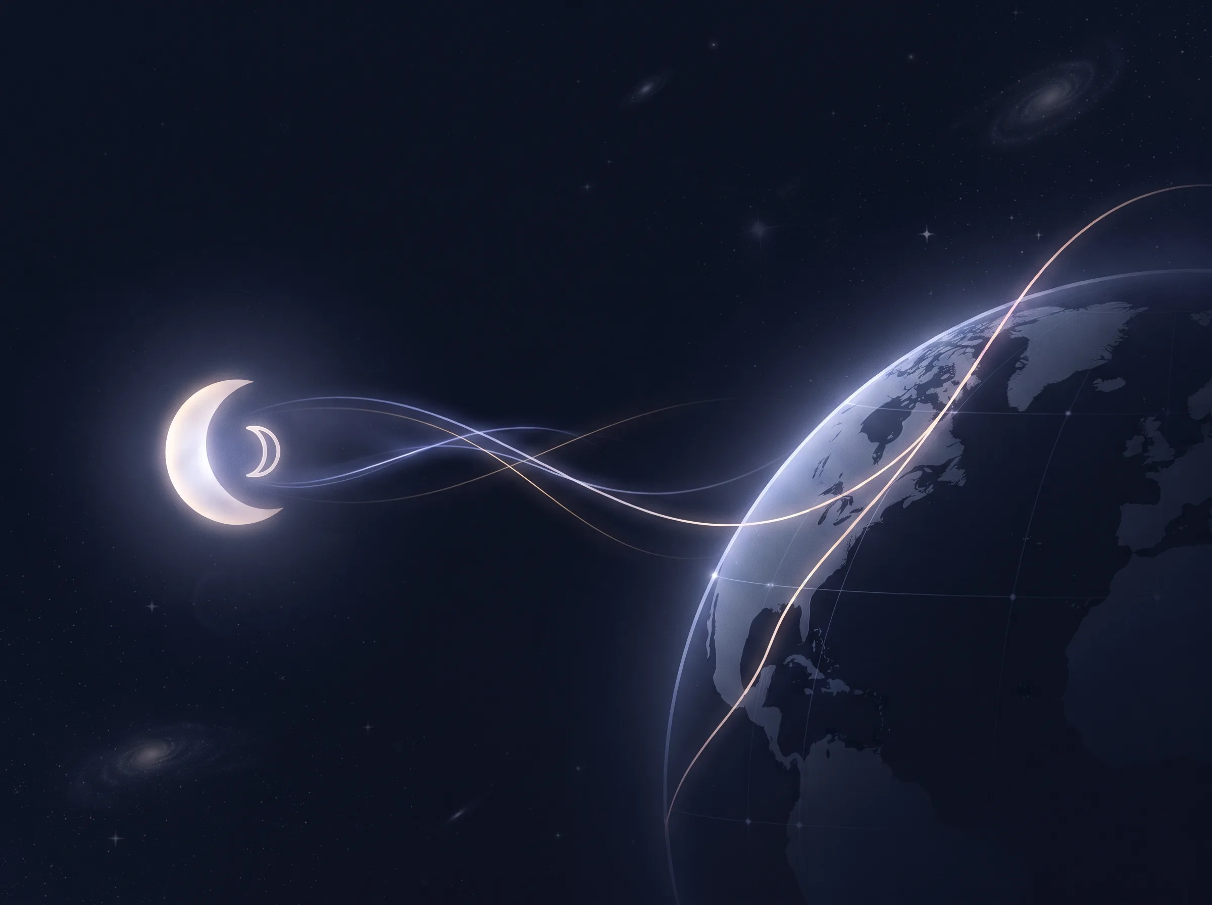 Moon symbol connected by light trails to a world map arc, linking natal moon sign to geographic Moon lines.